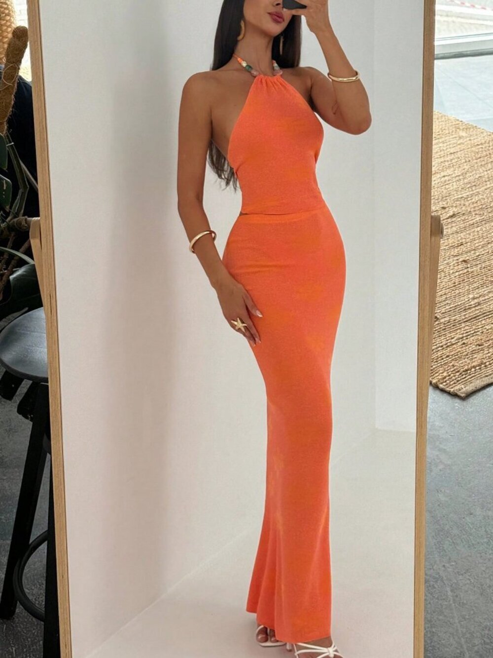 Orange Sexy Women's Vacation Beach Halter Backless Cami Top & Skirt Set - Picture 6 of 6